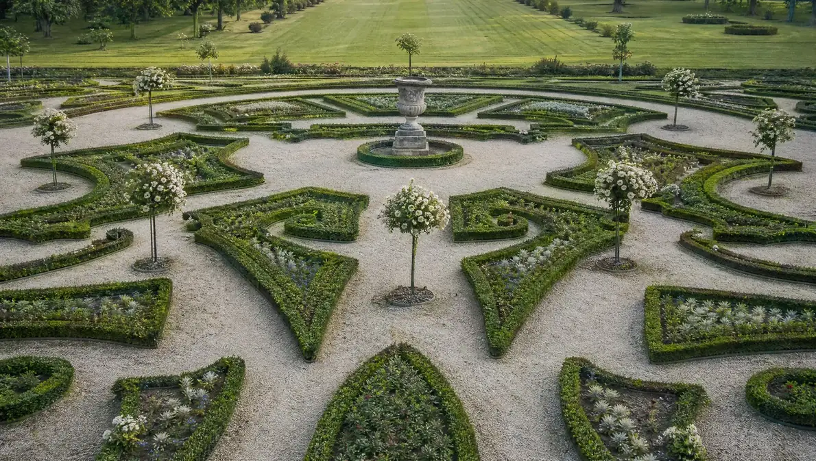 A formal parterre of clipped box with standard roses and gravel walks