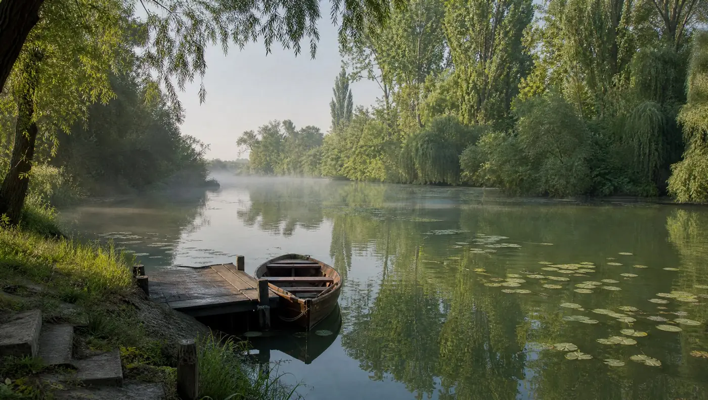 Willows over the slow green water of the Cher