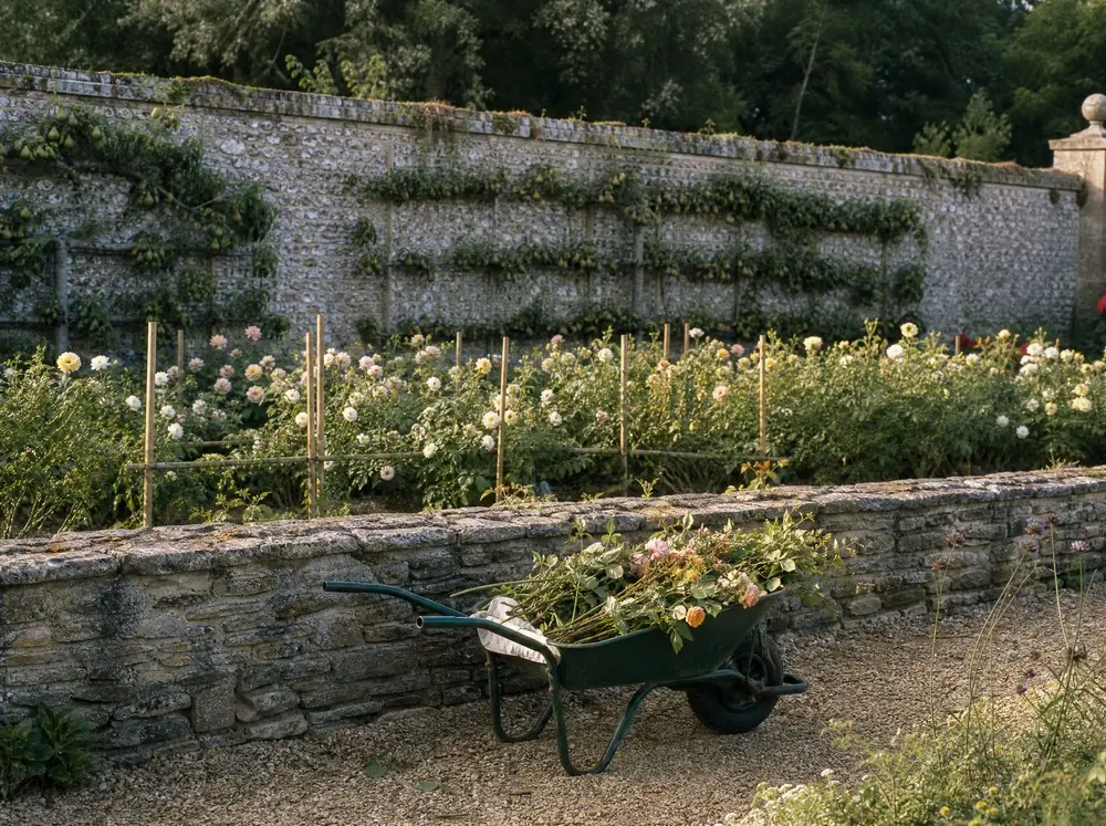 Roses in staked rows in the cutting garden